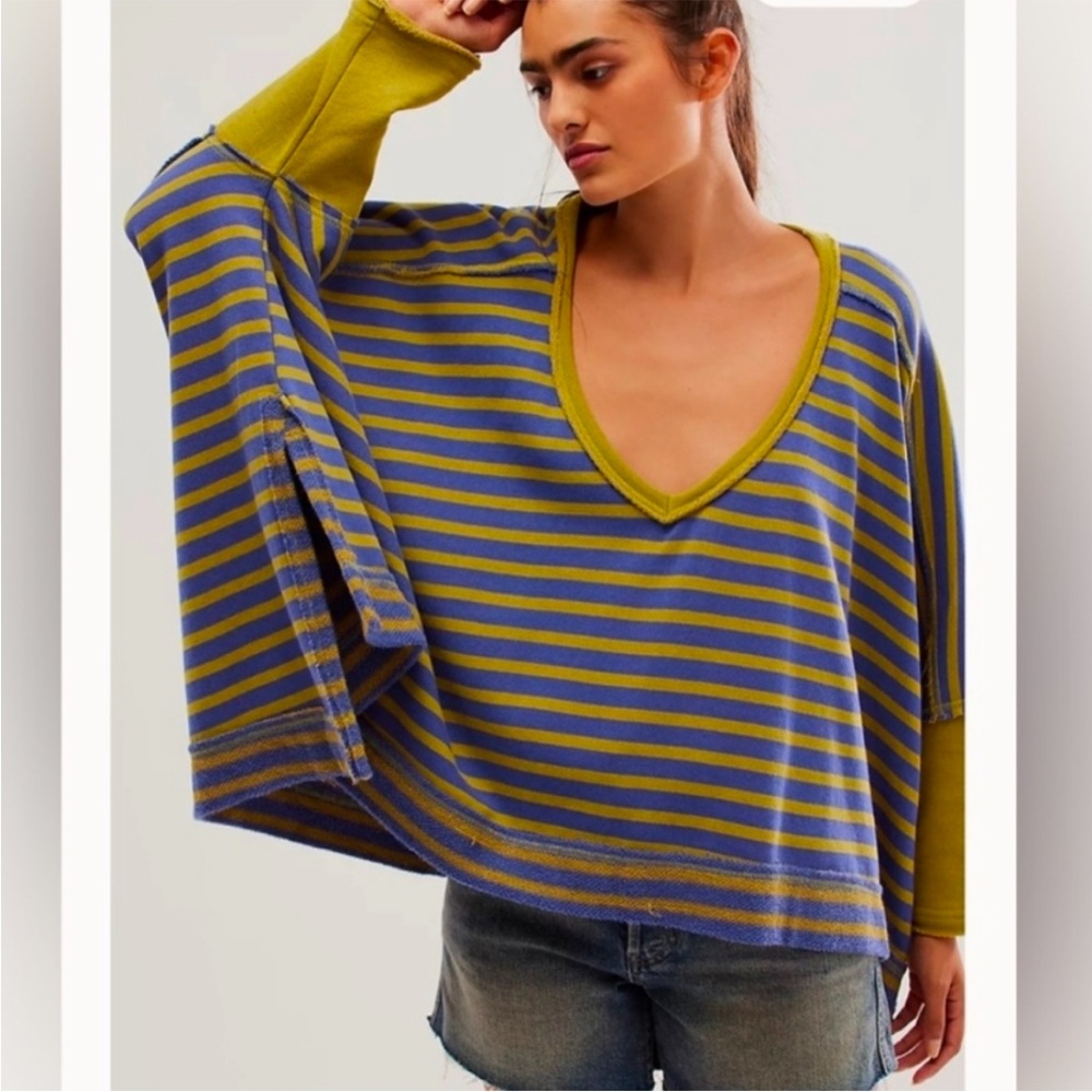 We The Free Periwinkle and Olive Striped V-Neck Pullover